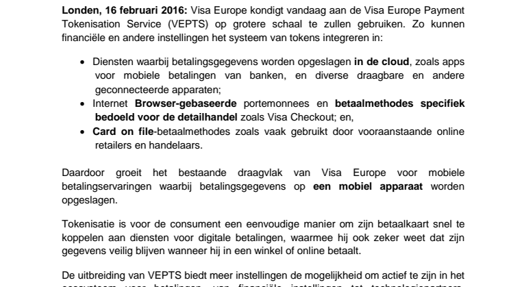 Visa Europe gaat Tokenisation Service op grotere schaal gebruiken voor cloud-gebaseerde betalingen,  en veel meer