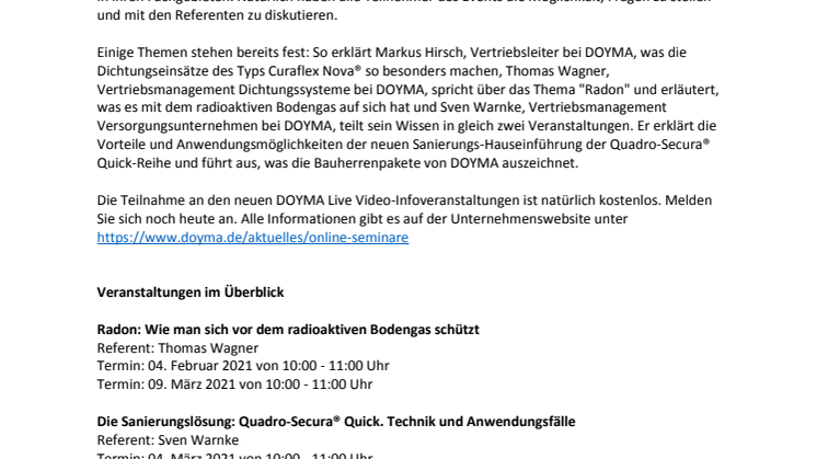 DOYMA-Pressemitteilung: Neues Veranstaltungsformat: digital, spannend, live