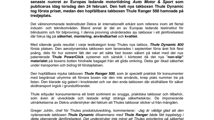 Thule vinnare i säsongens bredaste takboxtest - Thule Dynamic 800 och Thule Ranger 500 i topp