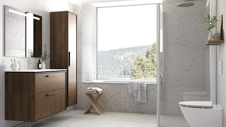 Möbelserien Sense Art från Ifö finns i valnöt och ek som ger värme och en elegant känsla i badrummet.