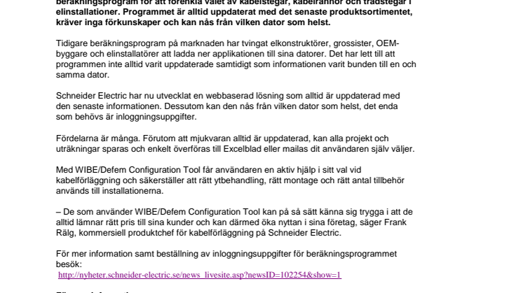 Schneider Electric lanserar webbaserat beräkningsprogram för kabelförläggning