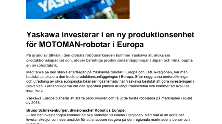 Yaskawa investerar i en ny produktionsenhet för MOTOMAN-robotar i Europa