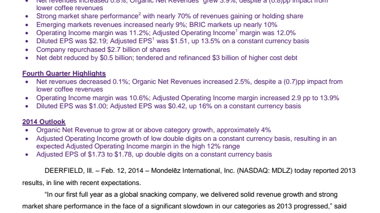 Mondelēz International Reports 2013 Results