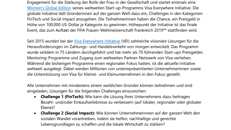 Visa startet ersten weltweiten Wettbewerb für Gründerinnen