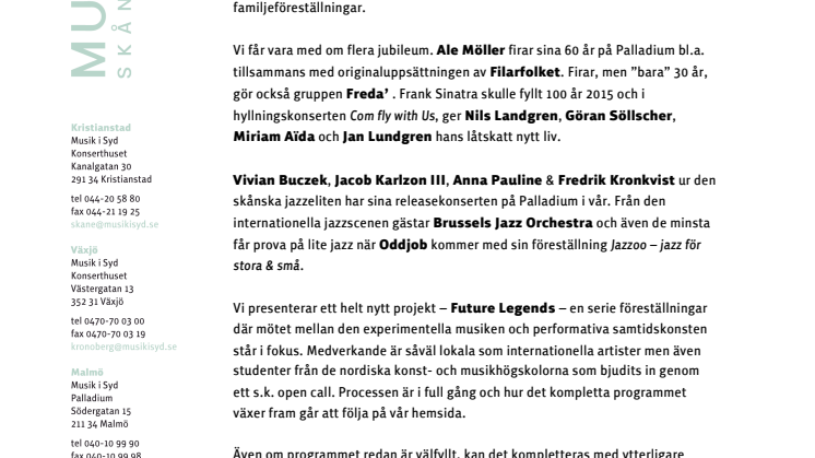 Musik i Syd presenterar: Vårens program på Palladium i Malmö – med releaser och jubileum, lokalt och internationellt 