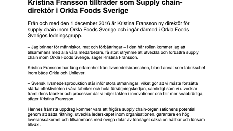 Kristina Fransson tillträder som Supply chain-direktör i Orkla Foods Sverige