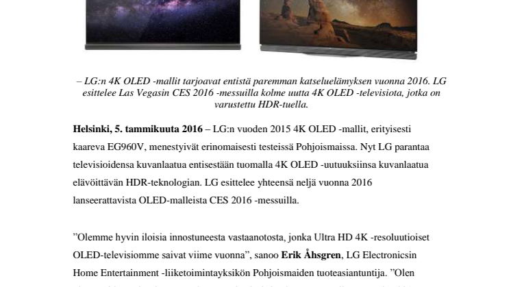 LG:N UUDET 4K OLED -TELEVISIOT ON VARUSTETTU HDR-TEKNOLOGIALLA