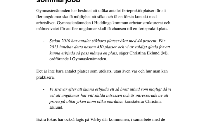 Huddinge erbjuder nu ännu fler sommarjobb