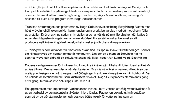 Ragn-Sells cirkulära kväverening får miljoninvestering från EU