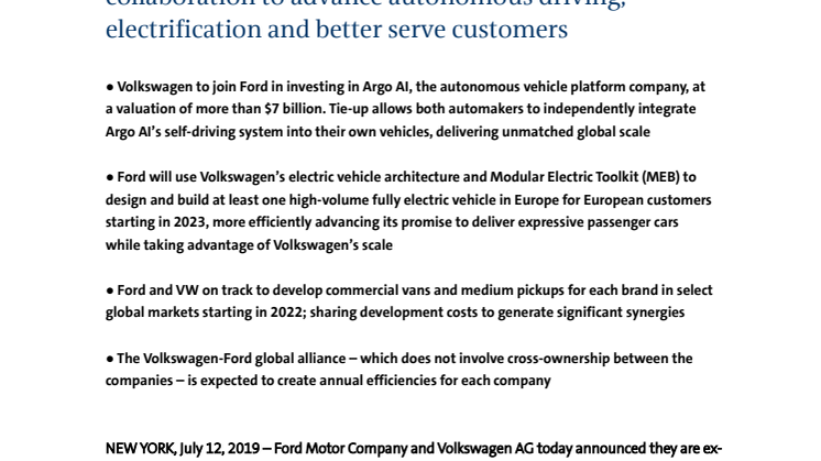 Volkswagen og Ford udvider deres globale samarbejde til at omfatte elektrificering og teknologier indenfor autonom kørsel
