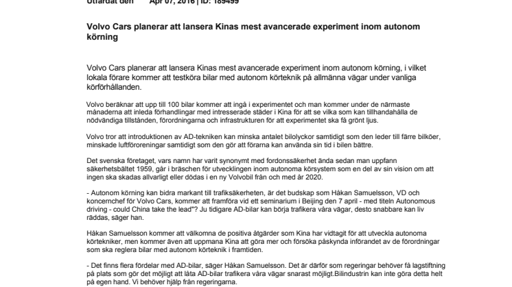 Volvo Cars planerar att lansera Kinas mest avancerade experiment inom autonom körning