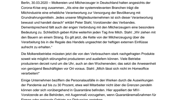 Versorgungsauftrag erfüllen, Milchabholung aufrechterhalten,  Arbeitsplätze sichern: Molkereien und Milcherzeuger halten zusammen