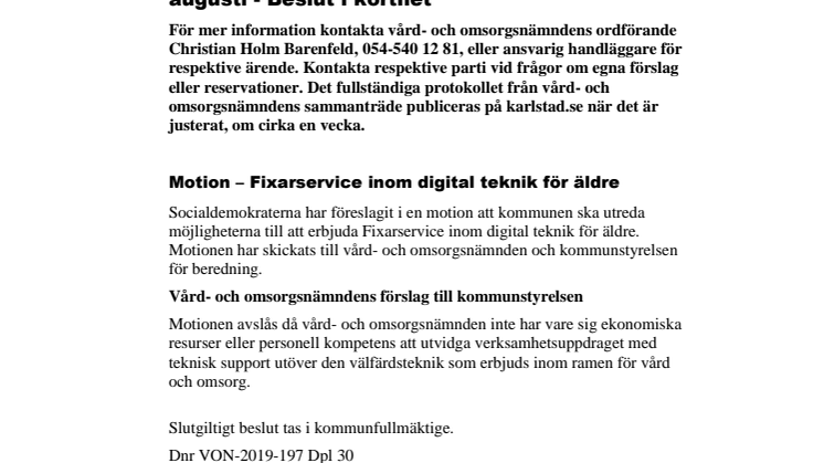 Vård- och omsorgsnämndens beslut i korthet 28 augusti
