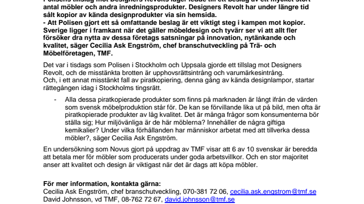 Med anledning av Polisens tillslag mot företaget Designers Revolt: Handeln med piratkopierade möbler – ett hot mot innovation och hållbarhet