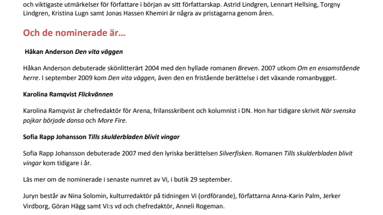 Vi:s litteraturpris 2009 - Nomineringarna klara.