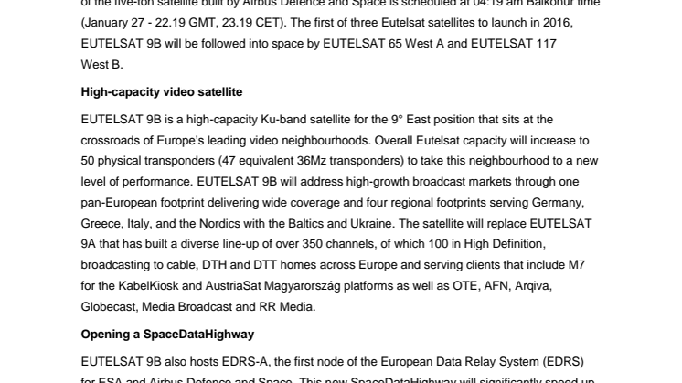 EUTELSAT 9B on track for 28 January launch by Proton