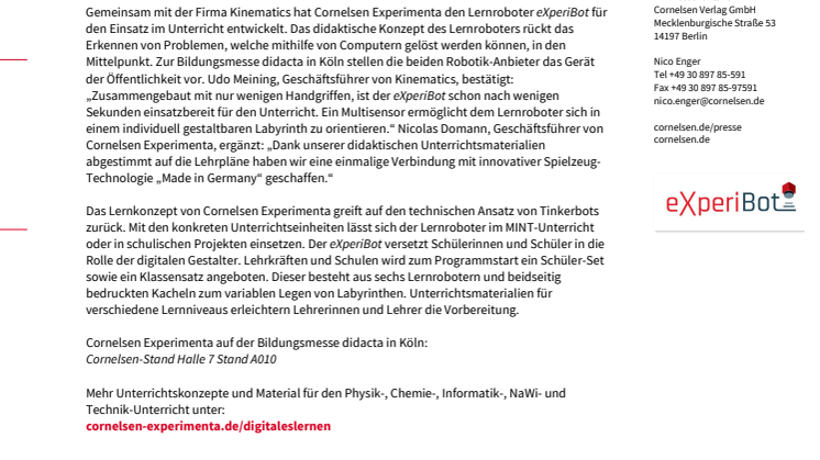 Ein Lernroboter für den Unterricht: eXperiBot / Cornelsen Experimenta und Tinkerbots stellen Lernroboter auf der didacta in Köln vor