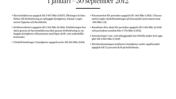 Delårsrapport 1 januari – 30 september 2012