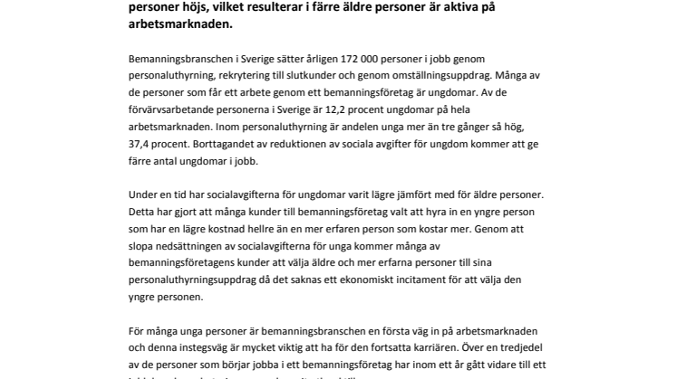 Ökad ungdomsarbetslöshet efter slopad reduktion av sociala avgifter   
