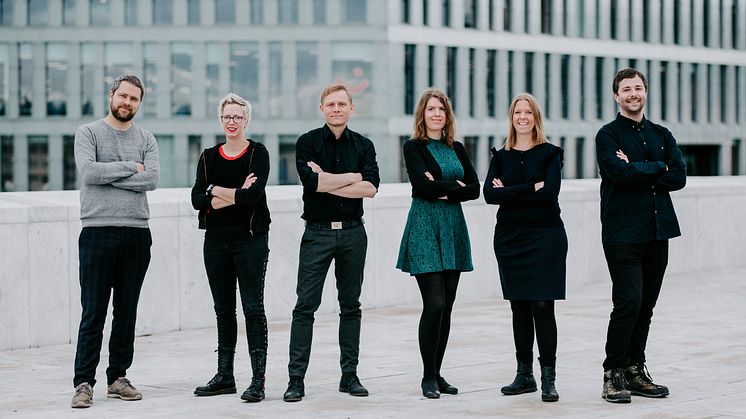 Styret i Norsk Komponistforening: styremedlem Ørjan Matre, styremedlem Bente Leiknes Thorsen, styreleder Jørgen Karlstrøm, nestleder Stine Sørlie, daglig leder Ida Habbestad og styremedlem Jan Erik Mikalsen.   Foto: Renate Madsen, 2019. 