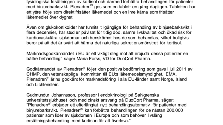 DuoCort Pharmas särläkemedel Plenadren® får marknadsgodkännande i EU för behandling av binjurebarksvikt