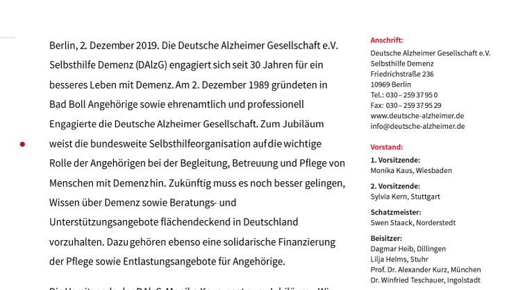 30 Jahre aktiv und stark. Die Deutsche Alzheimer Gesellschaft feiert Jubiläum