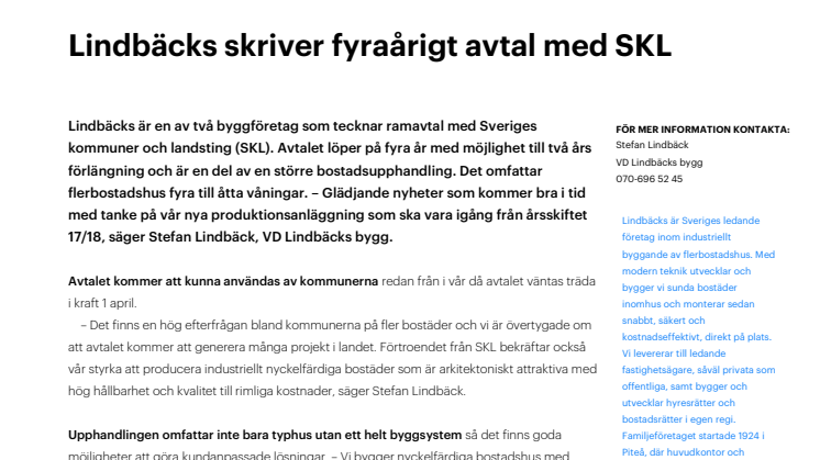 Lindbäcks skriver fyraårigt avtal med SKL