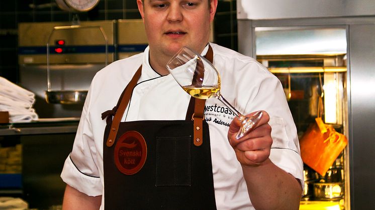 Fredrik Andersson, köksmästare på West Coast med smarrig äppelmust på presslunch för Svenskt kött-märket