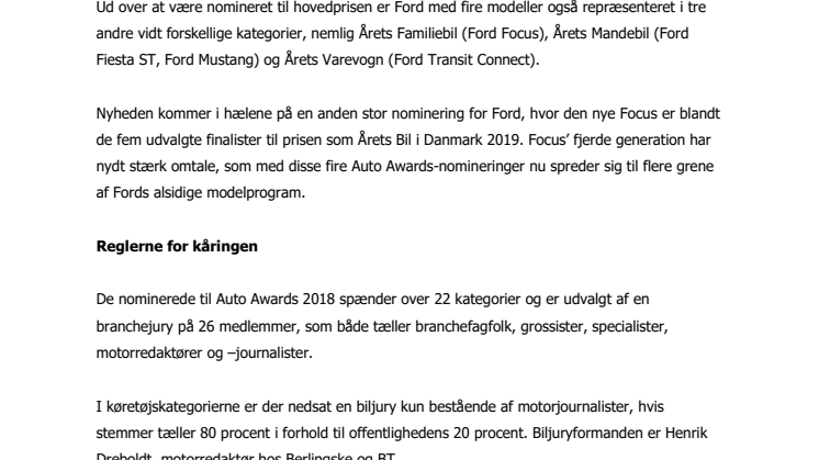 Ford nomineret i fire kategorier til Auto Awards 2018