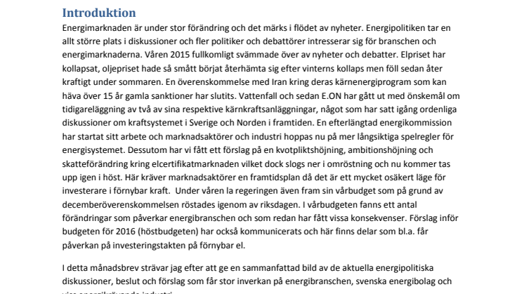 Modity månadsbrev - Energipolitik: Aktuellt just nu
