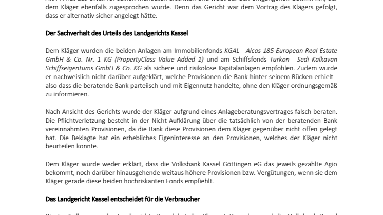 Landgericht Kassel verurteilt Volksbank Kassel Göttingen eG zu Schadensersatz und Rückabwicklung von zwei Beteiligungen an geschlossenen Fonds