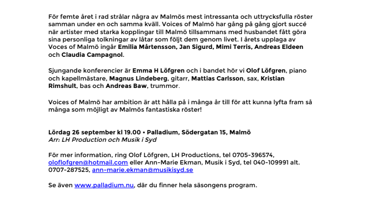 Voices of Malmö 5-årsjubilerar på Palladium 26 september kl 19