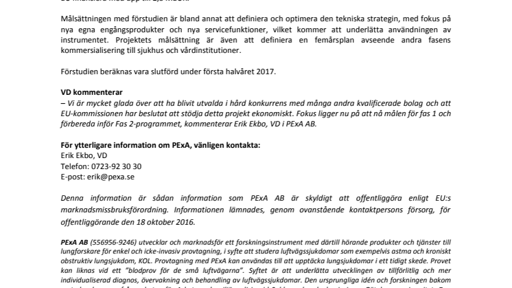 PExA ehåller Horizon 2020 finansiering