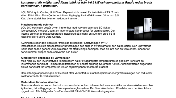 Energieffektivt kylaggregat för mindre IT-tillämpningar