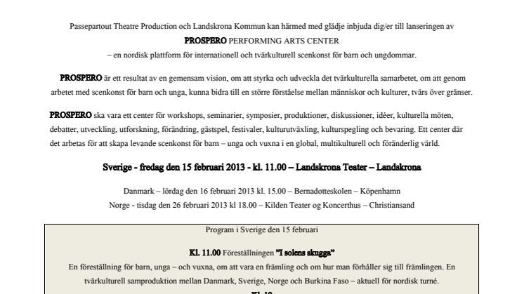 Lansering av PROSPERO Performing Arts Center