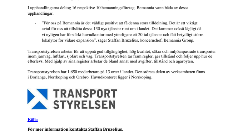Bemannia tillsätter 130 tjänster på Transportstyrelsen