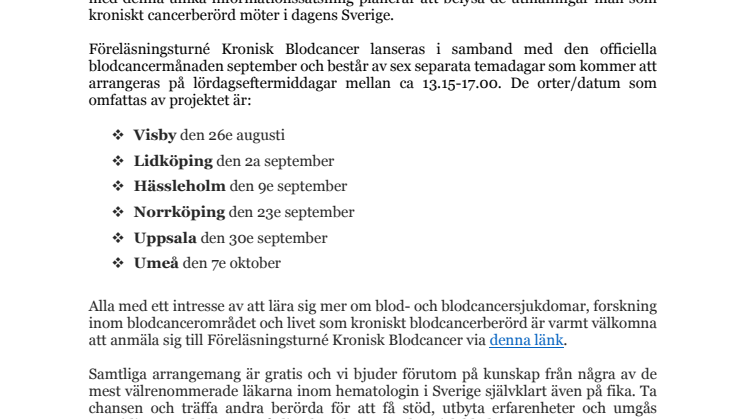 Blodcancerförbundet sätter kronisk blodcancer på kartan i samband med blodcancermånaden september