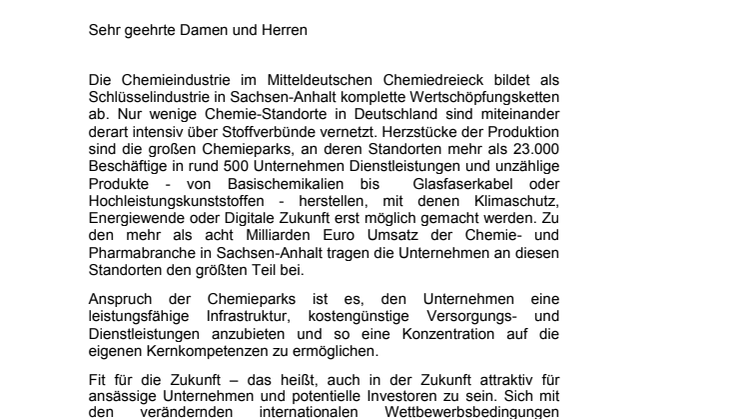 Einladung: Recherchereise „Chemieparks - Fit für die Zukunft“ 
