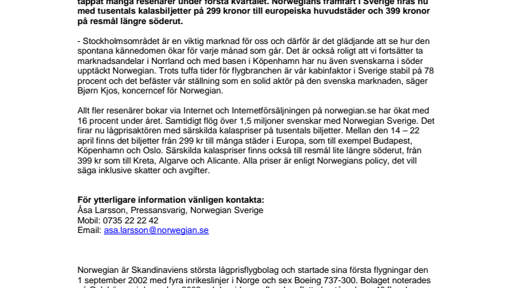Mer än 1,5 miljoner svenskar har valt att flyga norskt - Norwegian firar ett år i Sverige 