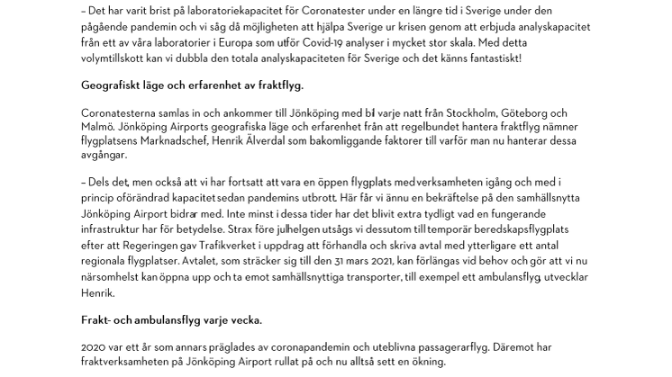 Jönköping Airport HUB för transport av Coronatester.