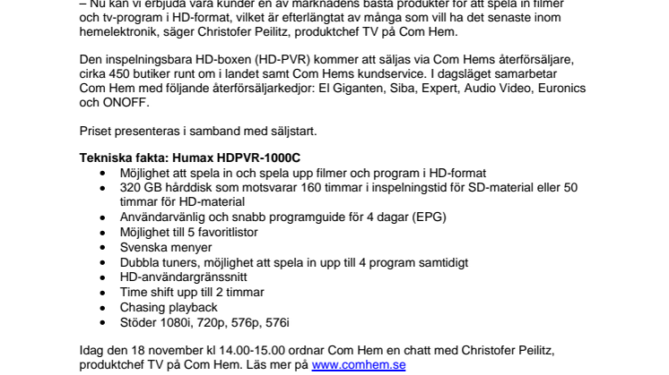 Nu kan Com Hems kunder spela in tv-program i HD