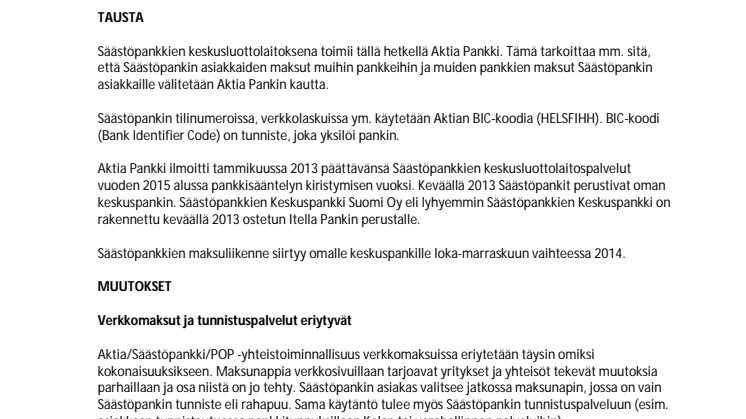 Säästöpankkien maksuliikenteen muutokset
