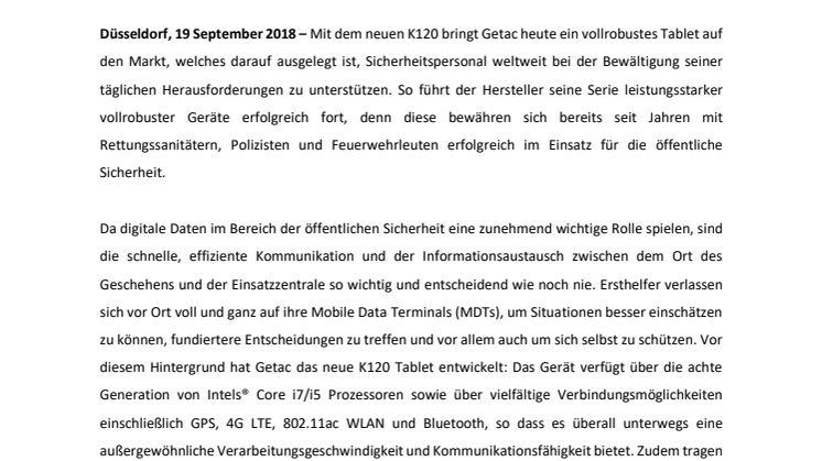 GETAC PRÄSENTIERT VOLLROBUSTES K120 TABLET FÜR UNTERNEHMEN IM BEREICH DER ÖFFENTLICHEN SICHERHEIT