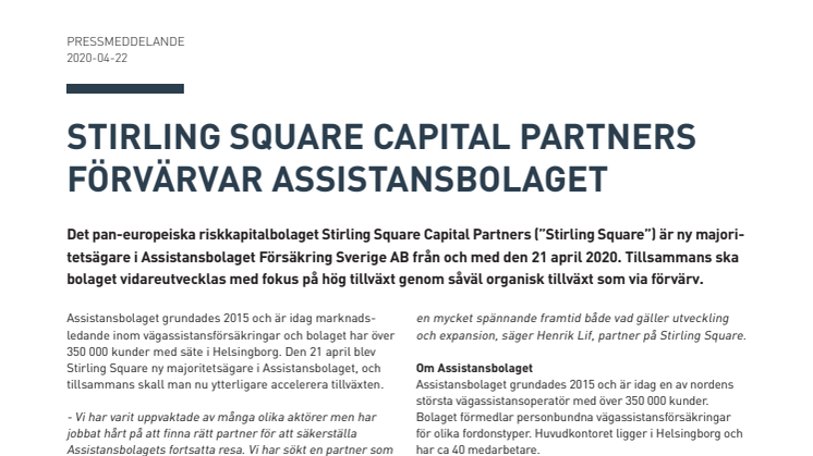 Stirling Square Capital Partners förvärvar Assistansbolaget