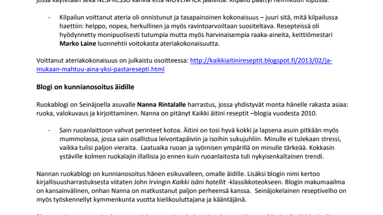Kaikki äitini reseptit –blogi Nestlén kilpailun voittoon