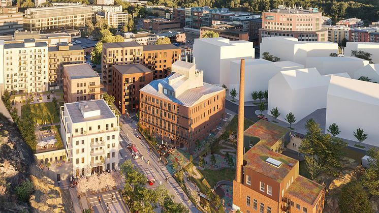Den karakteristiska industribyggnaden Formalinfabriken blir Nobelbergets öppna hjärta för boende, besökare och yrkesverksamma.