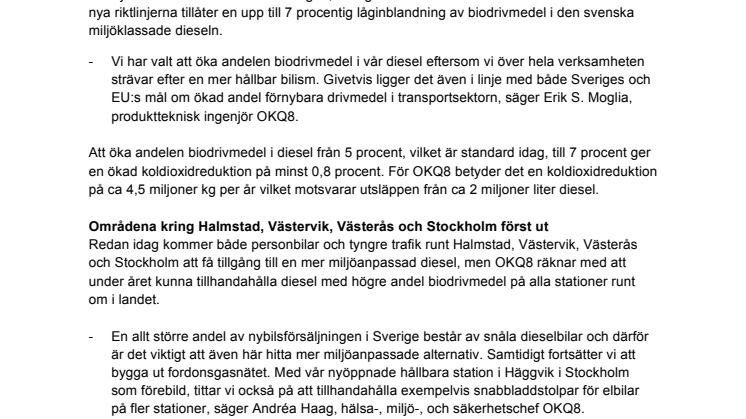OKQ8 ökar andelen biodrivmedel i sin diesel