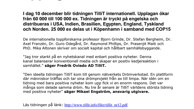 TilliT från Göteborg ökar upplagan till 100 000 ex