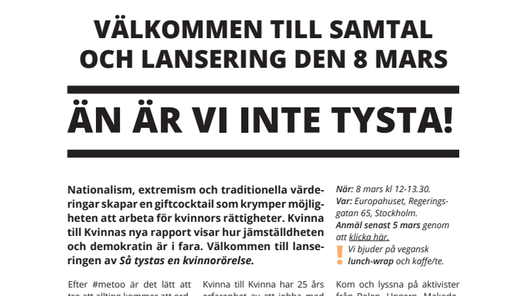 Inbjudan rapportlansering "Så tystas en kvinnorörelse" 8 mars