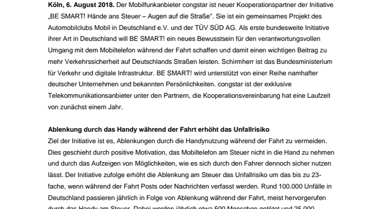 congstar unterstützt Verkehrssicherheitsaktion BE SMART!